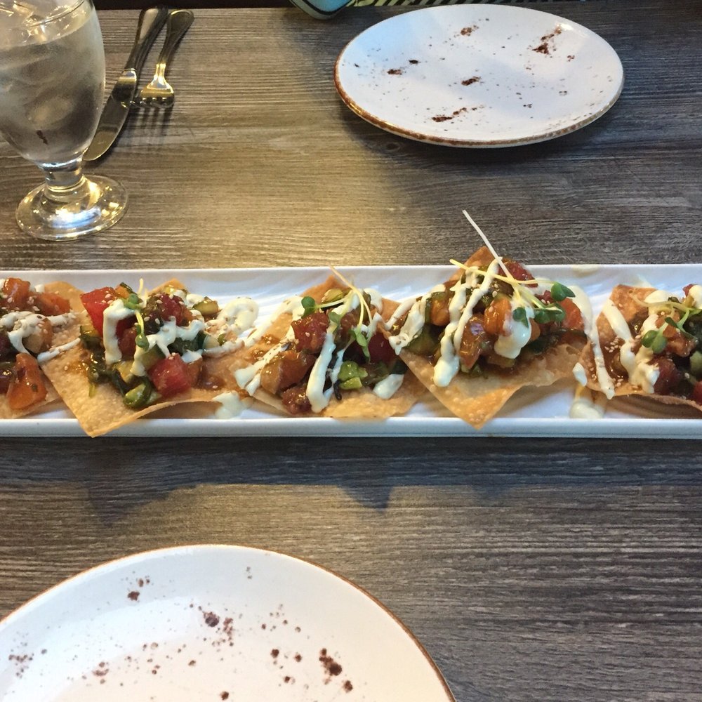 Tru Grits - Poke Wonton Nachos (Ahi Tuna * Salmon * Cucumber * Avocado * Seaweed Salad - $12) - New American Near Me - Anaheim, California Tru Grits - Poke Wonton Nachos (Ahi Tuna * Salmon * Cucumber * Avocado * Seaweed Salad - $12) - New American Near Me - Anaheim, California