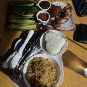 Thai Squared - Crispy duck (with wraps, chili sauce, peanut sauce, green onion, and cucumber), white jasmine rice, and Egg fried rice - Thai Near Me - Alpharetta, Georgia Thai Squared - Crispy duck (with wraps, chili sauce, peanut sauce, green onion, and cucumber), white jasmine rice, and Egg fried rice - Thai Near Me - Alpharetta, Georgia