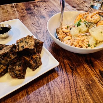 Mahaniyom - FRIED CHIVE CAKE (Vegan) and pomello salad. - Cocktail Bars Near Me - Brookline, Massachusetts