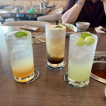 Gang Ho Yeon Pa - Peach non-alcoholic highball (left), Earl Grey cream highball (middle), fresh grape highball (right) - Korean Near Me - Carrollton, Texas Gang Ho Yeon Pa - Peach non-alcoholic highball (left), Earl Grey cream highball (middle), fresh grape highball (right) - Korean Near Me - Carrollton, Texas