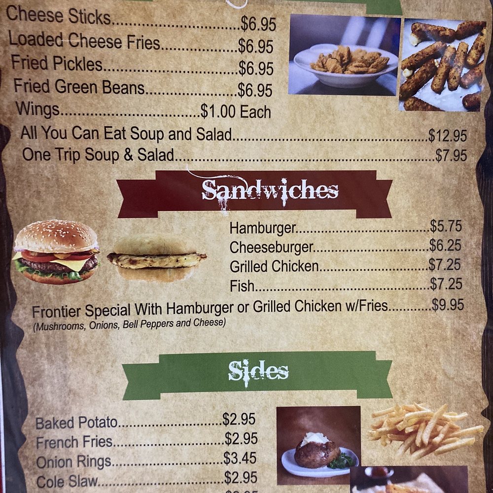 Last Frontier - Menu with appetizers, sandwiches, and sides - Steakhouses Near Me - Carbon Hill, Alabama Last Frontier - Menu with appetizers, sandwiches, and sides - Steakhouses Near Me - Carbon Hill, Alabama