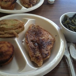 Grilled catfish, fried green tomatoes, green beans and corn bread!! Yummy!