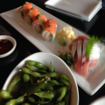 Saiko Sushi - Edamame, rama roll, and yellowtail sashimi: rama roll too spicy for me, good seasoning on edamame and sashimi was nice and fresh. - Sushi Bars Near Me - Coronado, California