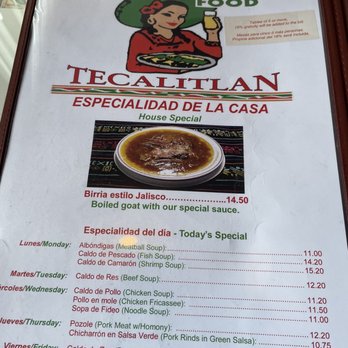 Tecalitlan - a menu for a mexican restaurant - Mexican Near Me - Aurora, Illinois