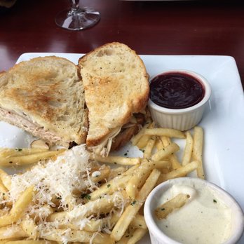 Up The Creek - Turkey Brie sandwich. With truffle fries. The truffle fries come with blue cheese sauce! - American Near Me - Vail, Colorado Up The Creek - Turkey Brie sandwich. With truffle fries. The truffle fries come with blue cheese sauce! - American Near Me - Vail, Colorado
