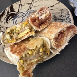 The Alaskan Coffee Bean - Vegetarian ($12.95) and Bacon ($10.95) Breakfast Burritos