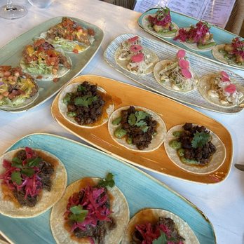Toca Chida Casa Sociale - Fried chicken tacos (left), crispy shrimp (top), baja fish (second), chorizo (third), braised short rib (bottom) - Cocktail Bars Near Me - Somerville, Massachusetts