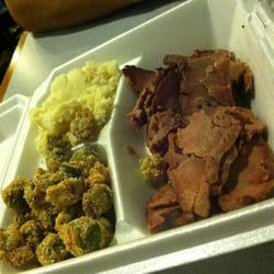 Hughley's Southern Cuisine - Brisket entree, $15.99. Small portion of meat, no sauce. Dry, gummy mashed potatoes, no gravy. Fried okra was okay.