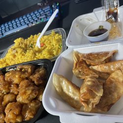 China House - Pork dumplings and orange chicken with fried rice!