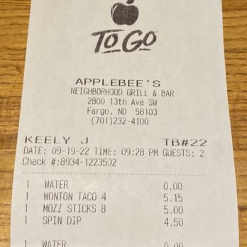 Applebee's Grill + Bar - Our receipt from tonight. - American Near Me - Fargo, North Dakota