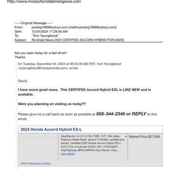 Mossy Honda - Email correspondence - Auto Repair Near Me - Lemon Grove, California