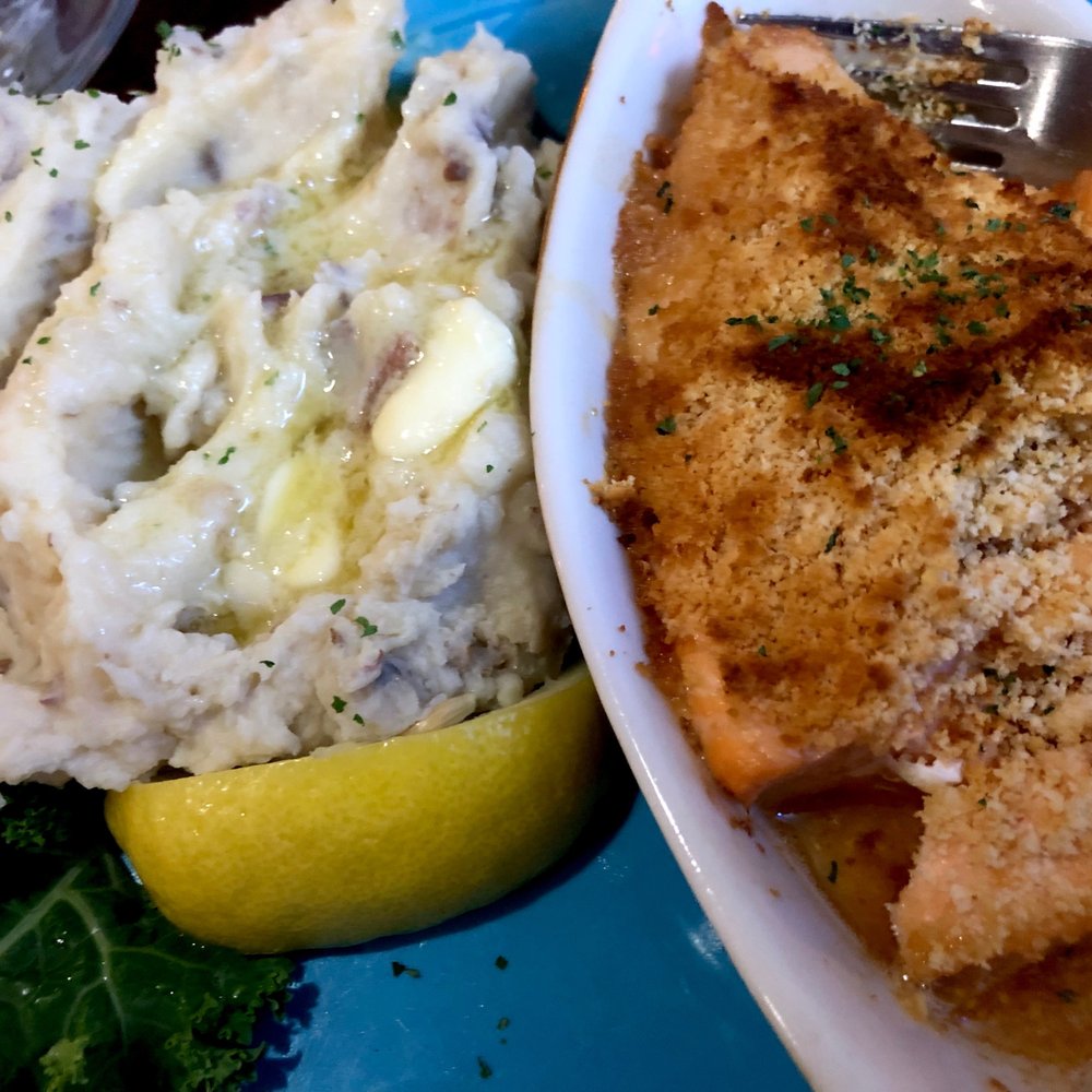 390 Main Street - Baked Salmon with house mashed potatoes - Seafood Near Me - Gorham, Maine 390 Main Street - Baked Salmon with house mashed potatoes - Seafood Near Me - Gorham, Maine
