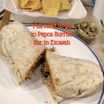 Pepos Burrito Bar - Shredded chicken burrito, guacamole, chips & salsa. - Mexican Near Me - Etowah, Tennessee Pepos Burrito Bar - Shredded chicken burrito, guacamole, chips & salsa. - Mexican Near Me - Etowah, Tennessee
