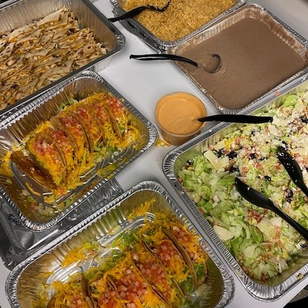 Catering order!  Tacos, Quesadillas, salad,  refried beans, rice.