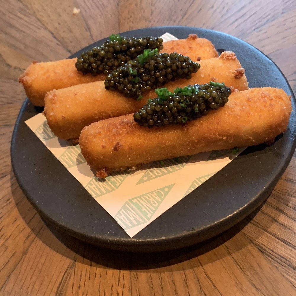 Carne Mare - Mozzarella Sticks with Caviar (normally two to an order, we added an extra one) - Steakhouses Near Me - New York, New York Carne Mare - Mozzarella Sticks with Caviar (normally two to an order, we added an extra one) - Steakhouses Near Me - New York, New York