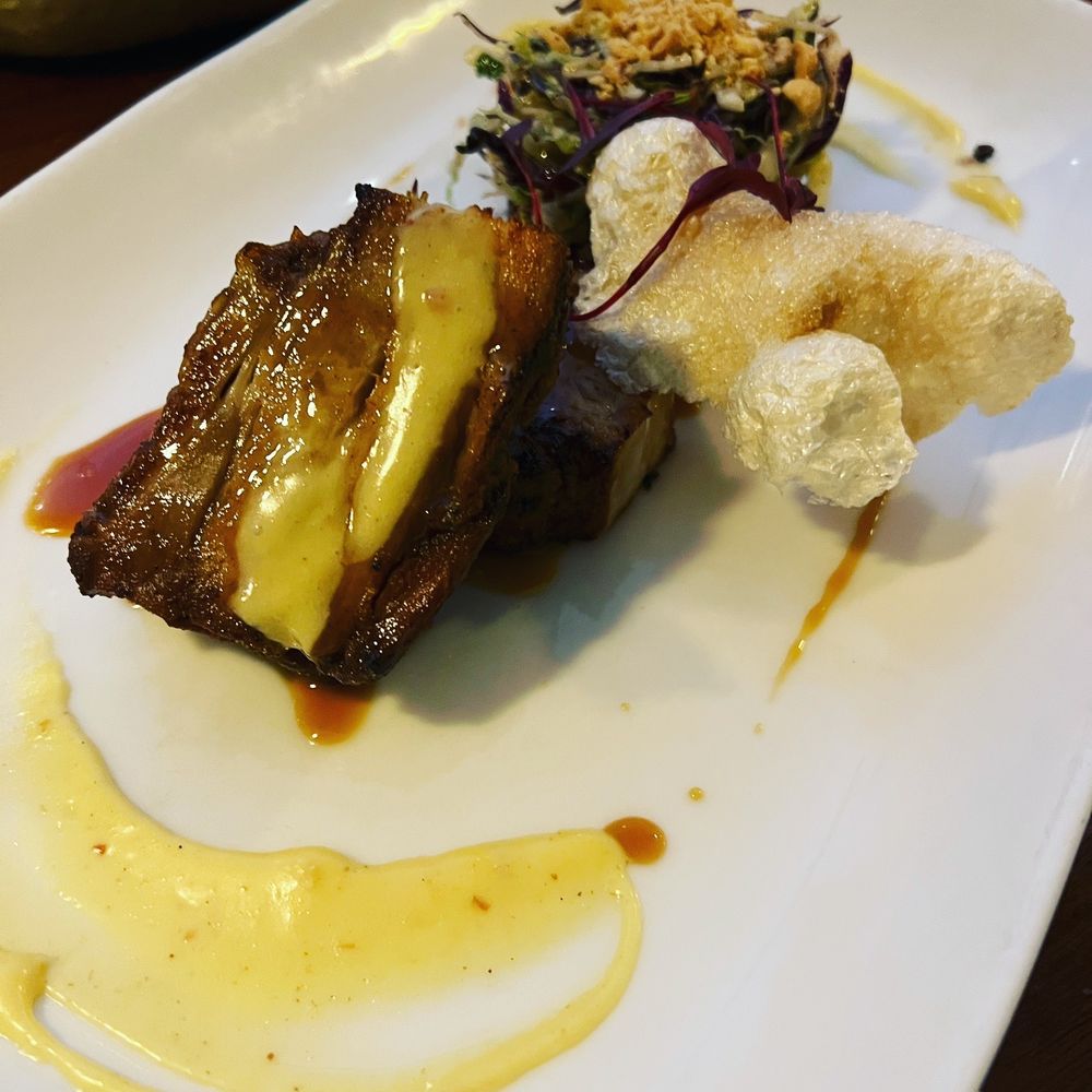 Fauna - Pork belly appetizer, served with a brussels sprout salad - New American Near Me - Westhampton Beach, New York