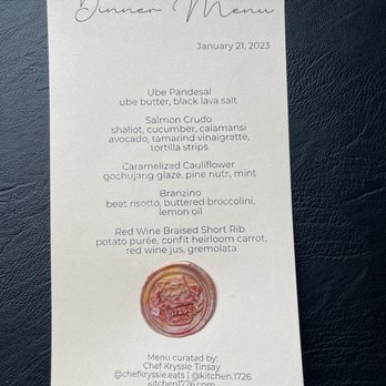 Kitchen 1726 - The menu Kryssie brought for our dinner - so pretty and personalized with her custom stamp. - Personal Chefs Near Me Kitchen 1726 - The menu Kryssie brought for our dinner - so pretty and personalized with her custom stamp. - Personal Chefs Near Me