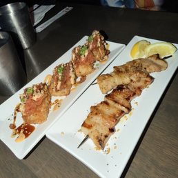 Crispy rice w/ spicy tuna , pork belly skewer