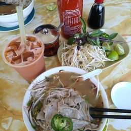 Rare steak Pho Soup n Thai tea w/boba. Rare steak Pho Soup n Thai tea w/boba.