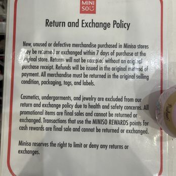 Miniso - Return and exchange policy - Discount Store Near Me - Flushing, New York