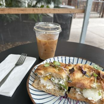 Cafe Alula - Avocado Labneh and Za'atar Sandwich + (Egg)  Iced coffee - Cafes Near Me - Brooklyn, New York