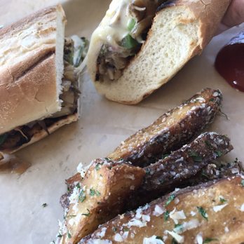 Grains - Cross section of the Philly Cheese Sandwich Vegan - Vegan Near Me - San Diego, California