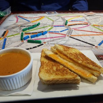 Snakes & Lattes Annex - 3 Cheese Grilled Cheese with the soup if the day - tomato, red pepper & basil - Bars Near Me - Toronto, Ontario