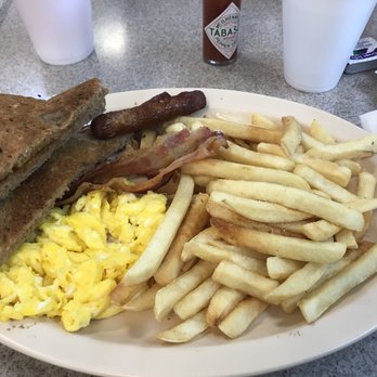 MGM Burgers - #1, 2 bacon, 2 sausages, scrambled eggs with fries instead of hash browns. - Burgers Near Me - Riverside, California