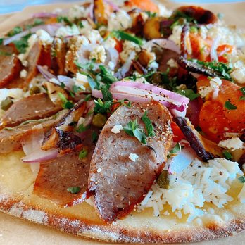 Kentro Greek Kitchen - Sausage Flatbread - Greek Near Me - Fullerton, California Kentro Greek Kitchen - Sausage Flatbread - Greek Near Me - Fullerton, California