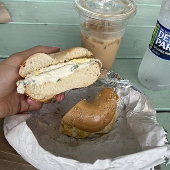 Minervini's New York Bagel - Sesame bagel with egg and scallion cream cheese, latte with honey and cinnamon - Bagels Near Me - Sneads Ferry, North Carolina Minervini's New York Bagel - Sesame bagel with egg and scallion cream cheese, latte with honey and cinnamon - Bagels Near Me - Sneads Ferry, North Carolina