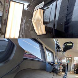 Dent Patrol - Before and after of a 17" long crease on a new Camry repaired with no paint or bondo. Reach out today for a free estimate.