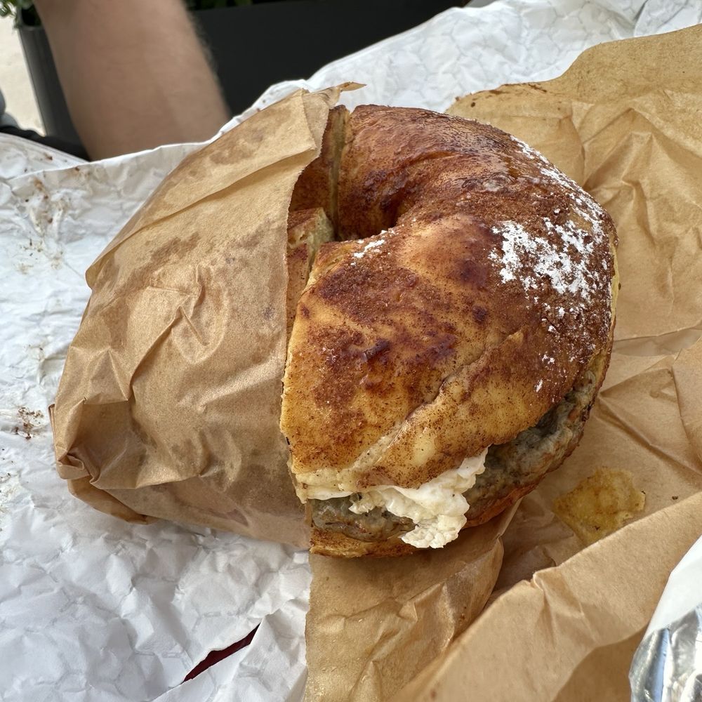 French toast bagel- chicken sausage and egg