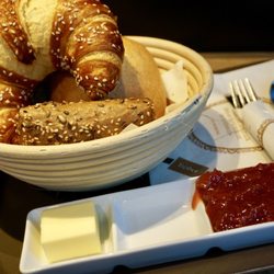 Treiber - "Guten Morgen" breakfast basket (croissant, two bread rolls and two slices of bread) with butter and strawberry-rhubarb jam
