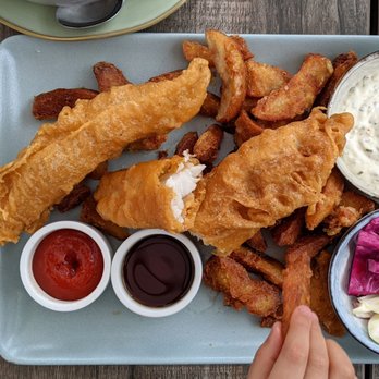 Wild Fish - Fish and chips, gluten free so cooked with cornstarch I think? The chips were too crunchy, batter a bit thick on both. - Seafood Near Me - Pacific Grove, California Wild Fish - Fish and chips, gluten free so cooked with cornstarch I think? The chips were too crunchy, batter a bit thick on both. - Seafood Near Me - Pacific Grove, California