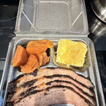 Fat Boyz BBQ - Beef Brisket Plate with Large Aunt Gloria's Candied Yams and Jalapeño Cheddar Cornbread - Barbeque Near Me - Fort Lauderdale, Florida Fat Boyz BBQ - Beef Brisket Plate with Large Aunt Gloria's Candied Yams and Jalapeño Cheddar Cornbread - Barbeque Near Me - Fort Lauderdale, Florida