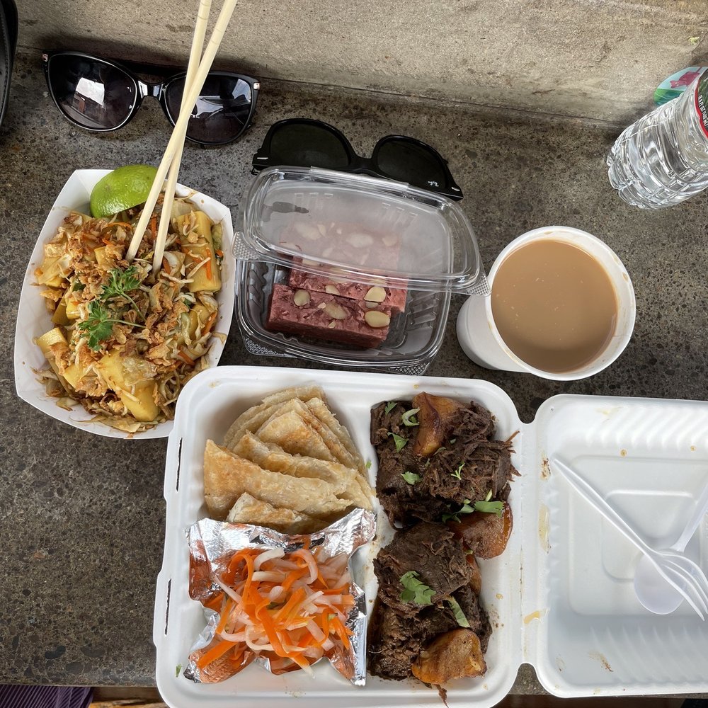 Burmese Delight - Shan tofu salad, 6. Beef & Potato Curry with Paratha (Indian Flatbread), 20. Banana Cake (Burmese Style), 22. Burmese Tea - Food Trucks Near Me - Portland, Oregon