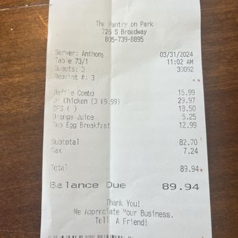 The Pantry On Park - Receipt for 6 people - American Near Me - Santa Maria, California