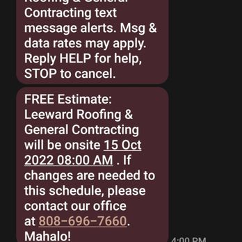 Leeward Roofing & General Contracting - Photo of confirmation text msg - Roofing Near Me