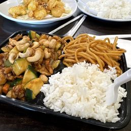 Cashew Chicken and Honey Walnut Shrimp with steamed White Rice