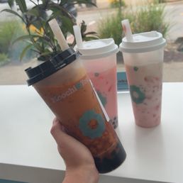 Brown sugar Thai tea, watermelon coconut milk, strawberry boba. Brown sugar Thai tea, watermelon coconut milk, strawberry boba.