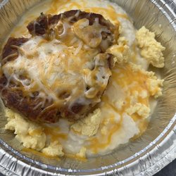 Salmon Patty, Scrambled Egg, and grits