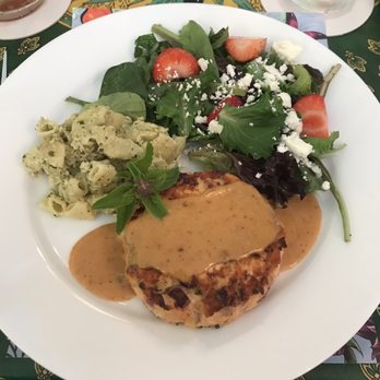 The Laurel Tree - Salmon cake with basil pesto macaroni and salad - Salad Near Me - Utopia, Texas