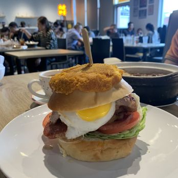 Cafe De Hong Kong - Pineapple bun with chicken, eggs, tomatoes and lettuces - Hong Kong Style Cafe Near Me - Markham, Ontario Cafe De Hong Kong - Pineapple bun with chicken, eggs, tomatoes and lettuces - Hong Kong Style Cafe Near Me - Markham, Ontario