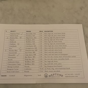 Neptune Oyster - oyster menu (hearts and check marks were recommended by waitress) - Seafood Near Me - Boston, Massachusetts