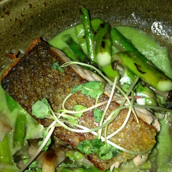 Hazelnut Kitchen - pan seared salmon with green gazpacho, asparagus, pickled ramps (sorry, I forgot to take the picture before I started eating!) - New American Near Me - Trumansburg, New York Hazelnut Kitchen - pan seared salmon with green gazpacho, asparagus, pickled ramps (sorry, I forgot to take the picture before I started eating!) - New American Near Me - Trumansburg, New York