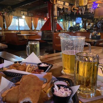 The Chowder Barge - Fish & Chips, Shrimp Basket, and a pitcher of beer. - Seafood Near Me - Wilmington, California