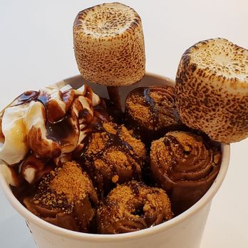 IcyRolls - Rocky Road-chocolate base, almonds, marshmallows, topped w/toasted marshmallows, pretzel, graham, whipped cream, chocolate & caramel drizzle - Ice Cream & Frozen Yogurt Near Me - San Marcos, Texas