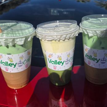 Valley Cafe  - Large Pandan Cream Coffee (left & right) & Large Banana Matcha Latte ((middle) - Juice Bars & Smoothies Near Me - El Monte, California