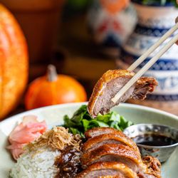 Nourish - Khao Nar Ped Krob; Crispy five spiced duck breast served over rice with brown sauce, Chinese broccoli and pickle ginger.