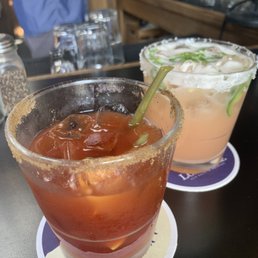 Amazing beautiful cocktails crafted by Brian! A Cesar and a spicy tequila grapefruit smash! Amazing beautiful cocktails crafted by Brian! A Cesar and a spicy tequila grapefruit smash!